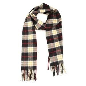 Burberry Cashmere Vintage Check Black Striped Logo Fringed Scarf